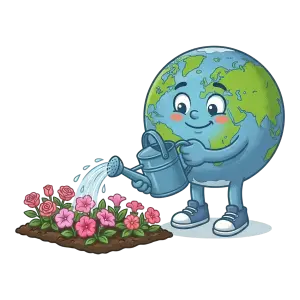 Cartoon Earth Watering Flowers with a Watering Can
