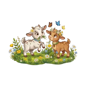 Cute Cartoon Baby Goats with Butterflies in a Flower Meadow
