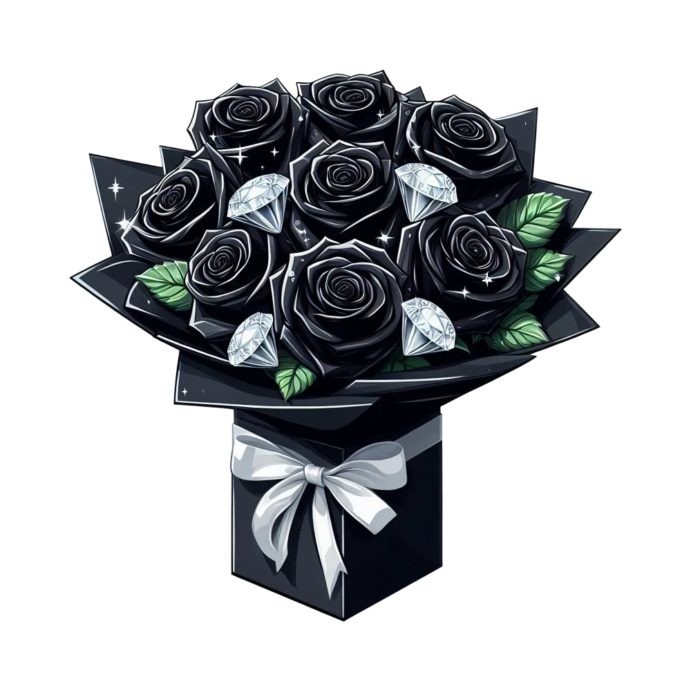 Elegant Black Rose Bouquet with Diamonds and White Ribbon