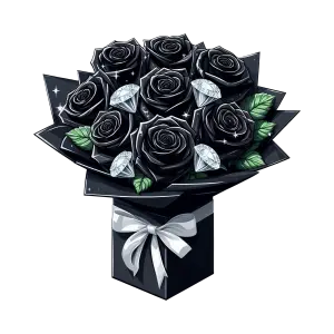 Elegant Black Rose Bouquet with Diamonds and White Ribbon