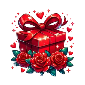 Red Gift Box with Roses and Hearts Illustration