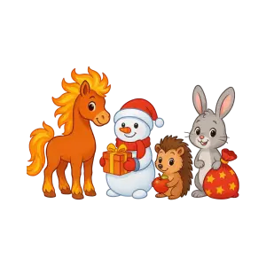 Cartoon Horse Snowman Hedgehog and Bunny with Gifts