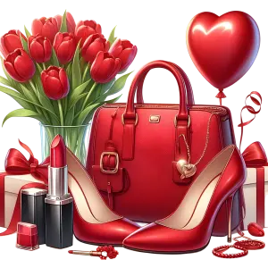 Collection of Red Fashion Accessories with Tulip Flowers and Heart Balloon