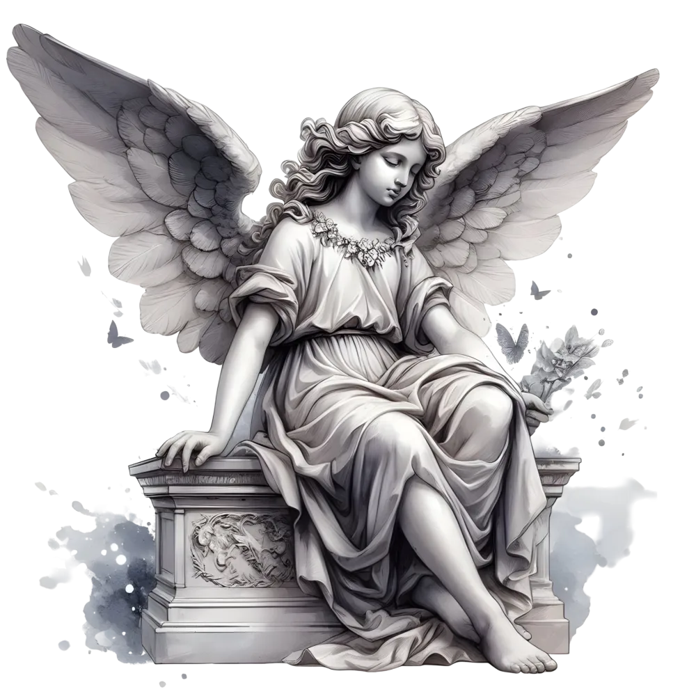 Serene Stone Angel Sculpture Sitting on Engraved Pedestal