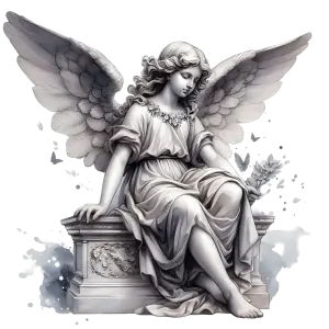 Serene Stone Angel Sculpture Sitting on Engraved Pedestal
