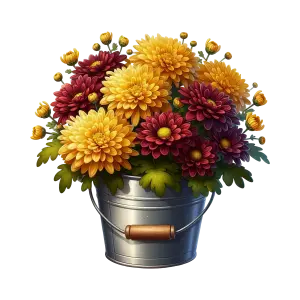 Colorful Chrysanthemum Flowers in Metal Bucket