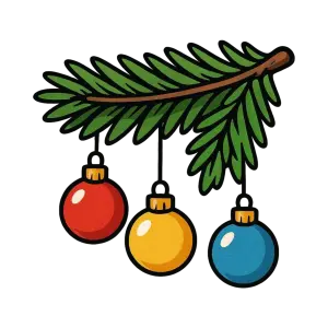 Christmas Pine Branch with Colorful Hanging Ornaments