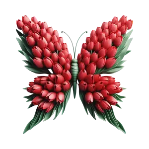 Butterfly Shape Made of Red Tulip Flowers and Green Leaves