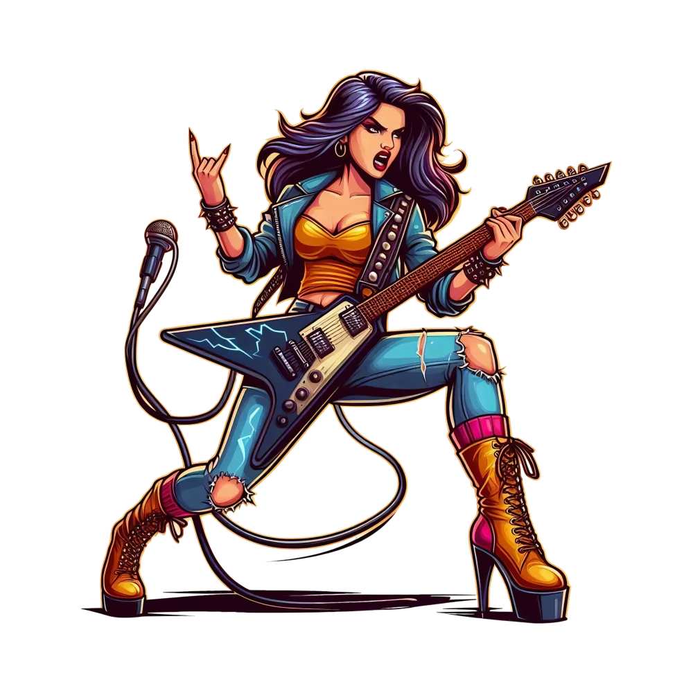 Rock Female Guitarist Playing Electric Guitar with Microphone