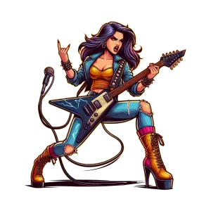 Rock Female Guitarist Playing Electric Guitar with Microphone