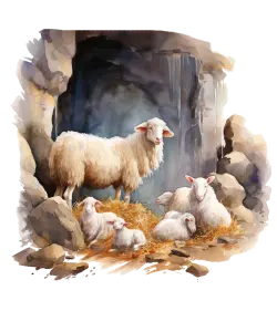 Sheep with Lambs in Rocky Cave with Straw