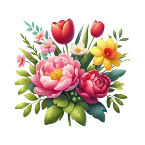 Colorful Bouquet of Spring Flowers with Green Foliage
