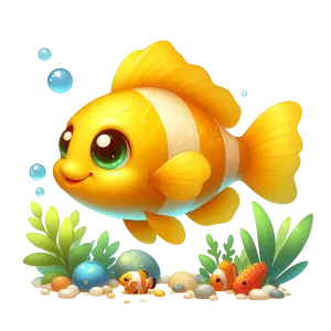 Cute Cartoon Clownfish with Underwater Plants and Bubbles
