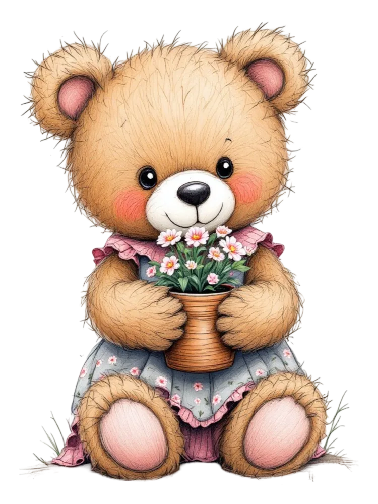 Cute Teddy Bear Holding Flower Pot Illustration