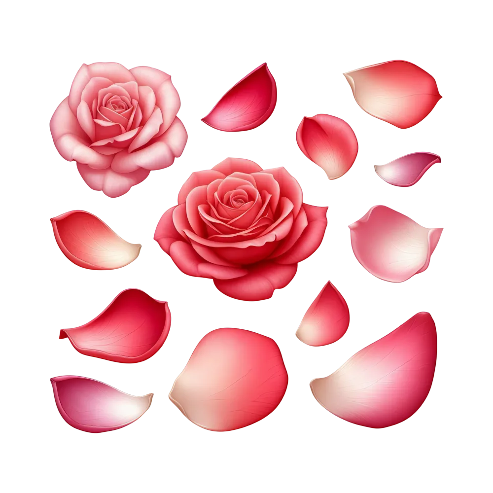 Realistic Pink and Red Rose Flowers and Petals Set