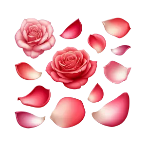 Realistic Pink and Red Rose Flowers and Petals Set