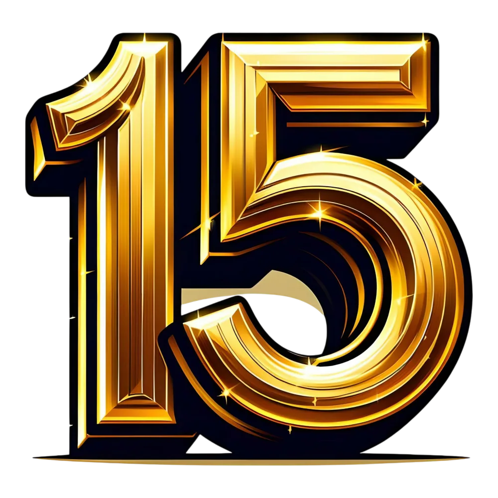 Shiny Gold Number 15 with Sparkles on Black Background