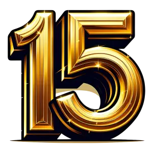 Shiny Gold Number 15 with Sparkles on Black Background