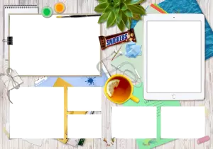 Creative Workspace Collage with Tablet, Tea, and Art Supplies