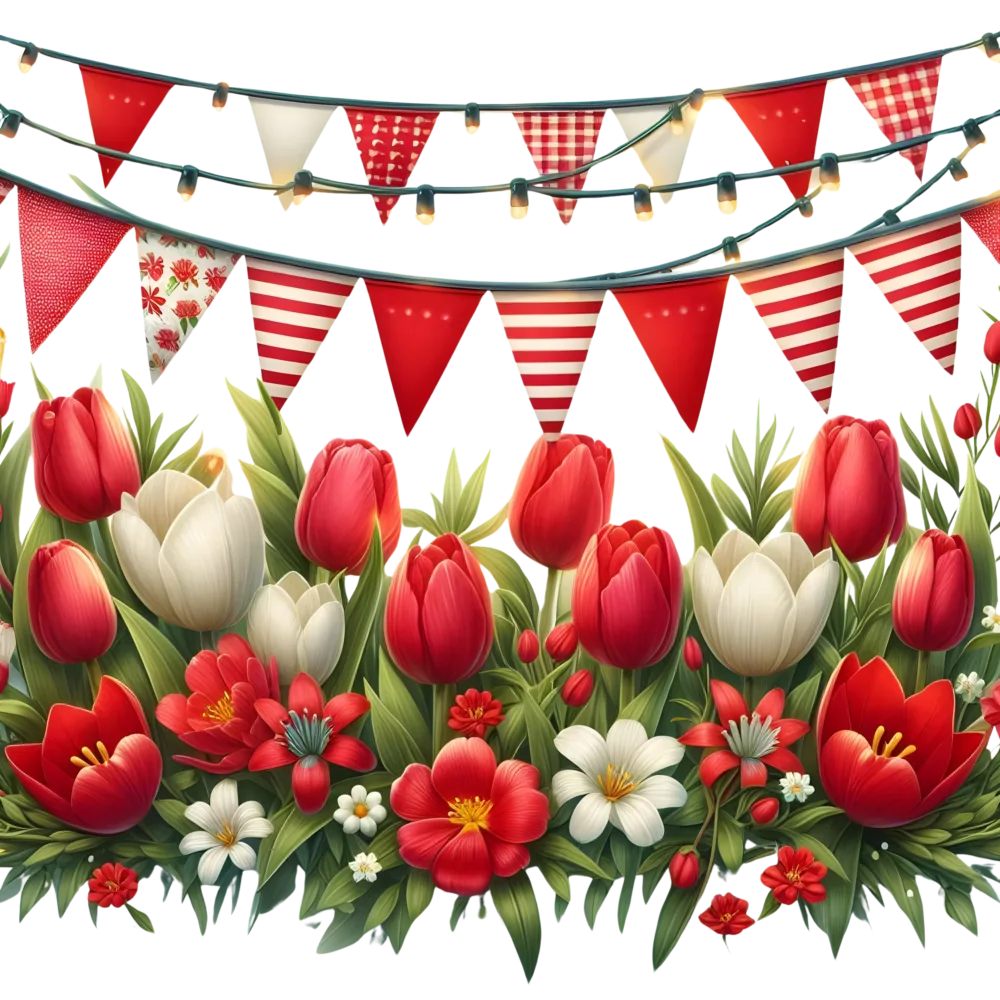 Festive Red and White Floral Garland with String Lights and Bunting