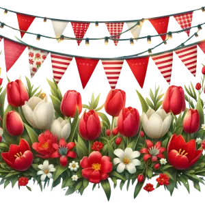 Festive Red and White Floral Garland with String Lights and Bunting