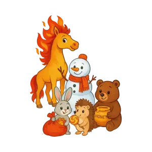 Cartoon Fire Horse Snowman Bear Bunny and Hedgehog with Gifts