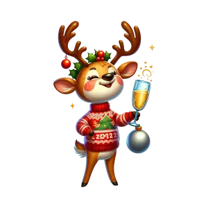 Festive Reindeer Wearing Christmas Sweater Holding Champagne and Ornament