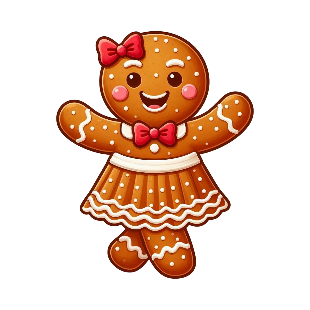 Cute Gingerbread Girl Cookie with Red Bows and Icing Dress