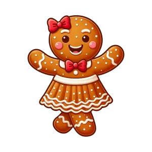 Cute Gingerbread Girl Cookie with Red Bows and Icing Dress