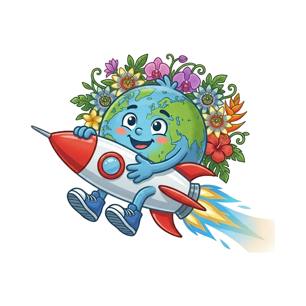 Cartoon Earth Character Hugging Rocket with Floral Background