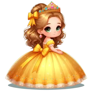 Cute Cartoon Princess in Yellow Ball Gown with Crown and Bows