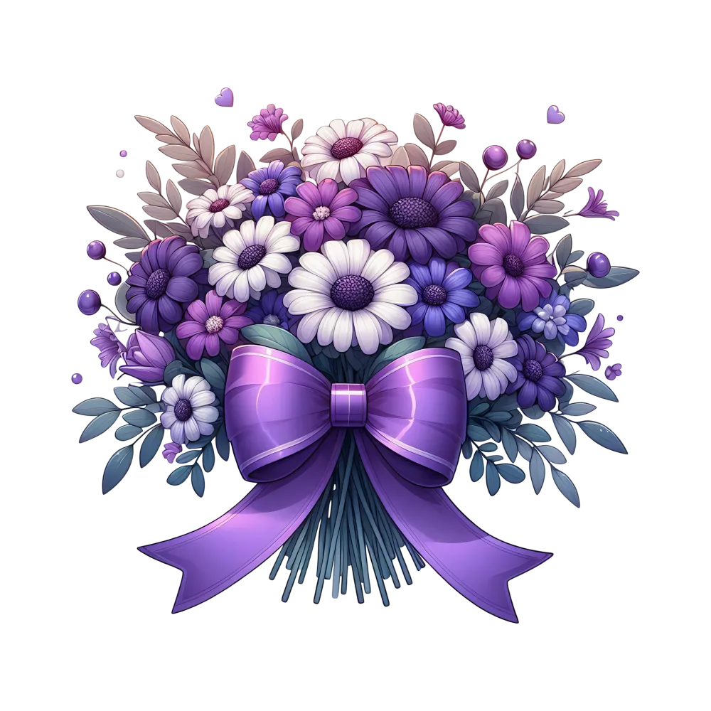 Purple and White Floral Bouquet with Ribbon