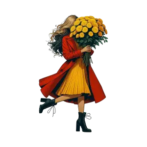 Woman in Red Coat Holding Large Bouquet of Yellow Flowers