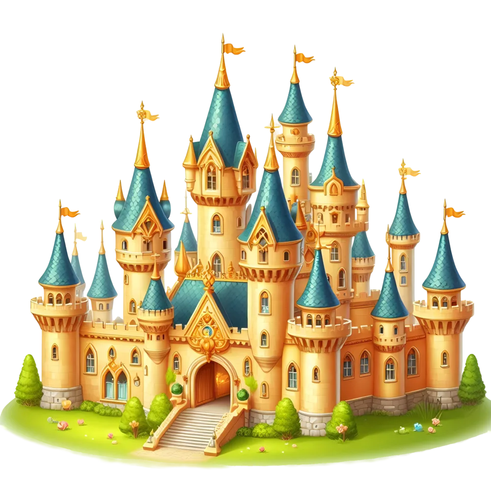 Fantasy Royal Castle with Blue Turrets and Golden Accents