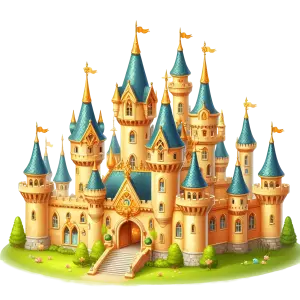 Fantasy Royal Castle with Blue Turrets and Golden Accents