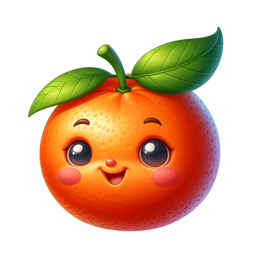 Cute Cartoon Orange with Smiling Face and Green Leaves