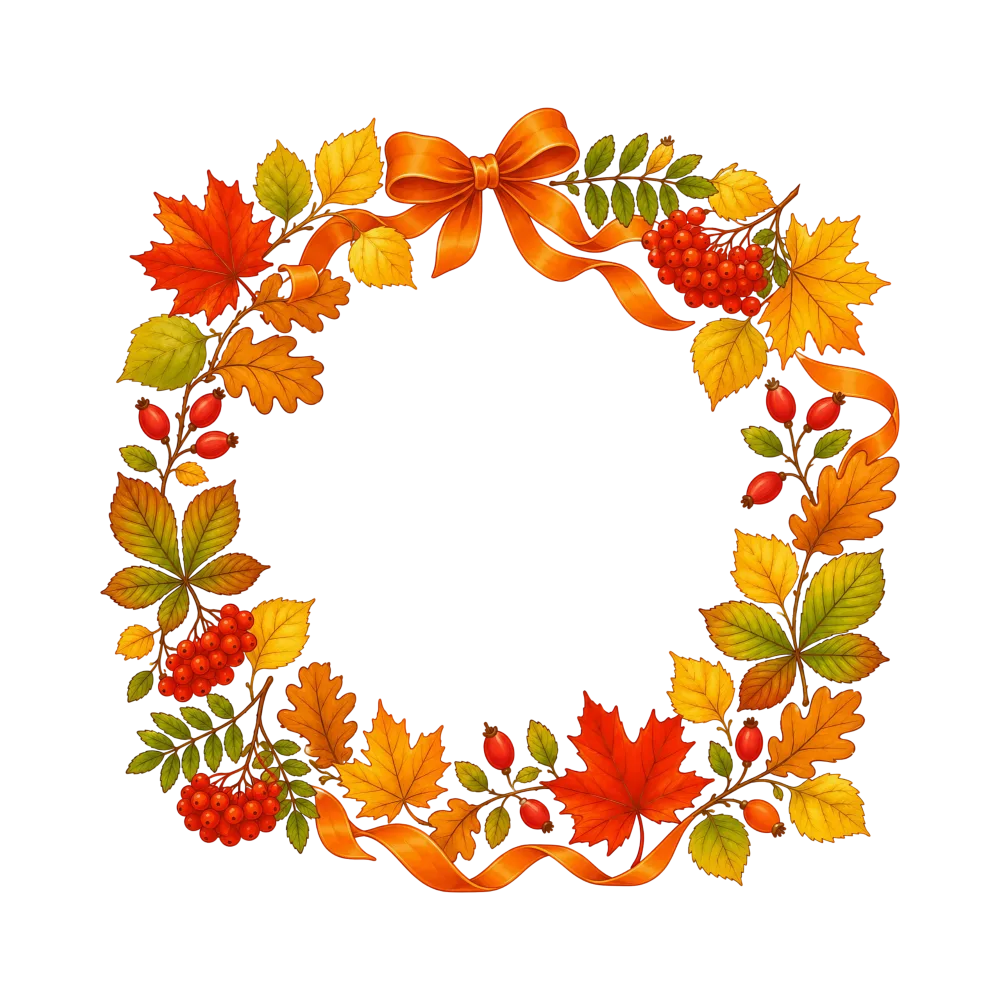Autumn Wreath with Orange Bow and Fall Leaves