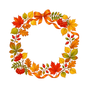 Autumn Wreath with Orange Bow and Fall Leaves