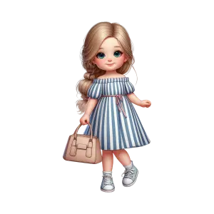 Cute Cartoon Girl in Blue Striped Dress with Handbag