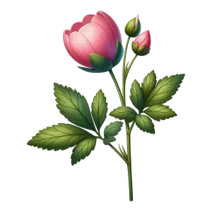 Pink Flower with Buds and Green Leaves