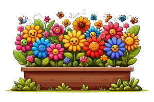 Colorful Smiling Cartoon Flowers and Butterflies in Wooden Planter