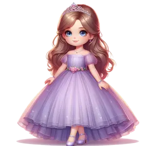 Cute Cartoon Princess Girl in Purple Dress with Tiara