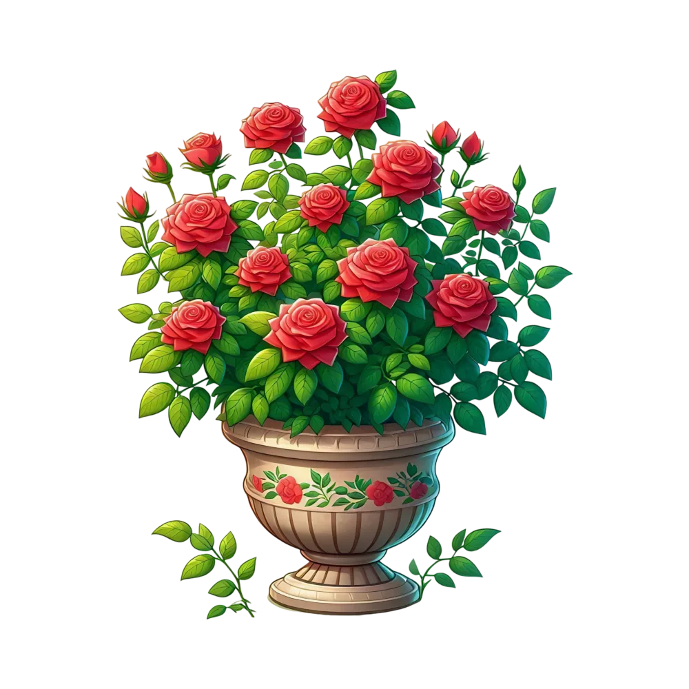 Red Rose Bush in Decorative Pot