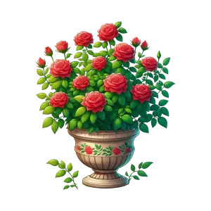 Red Rose Bush in Decorative Pot