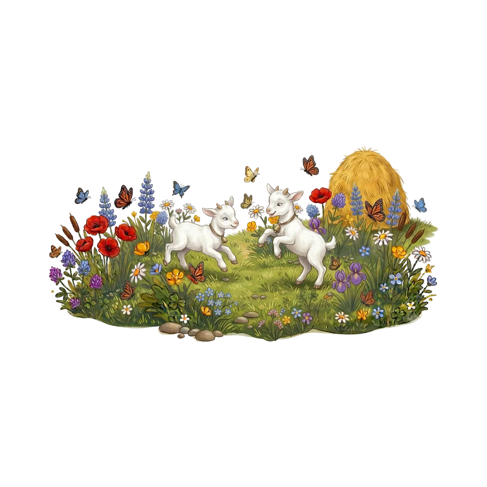 Two Playful Baby Goats in Flower Meadow with Butterflies