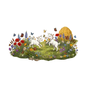 Two Playful Baby Goats in Flower Meadow with Butterflies