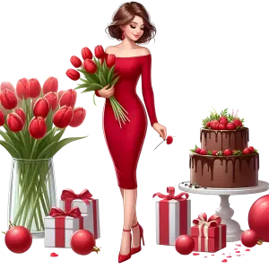 Elegant Woman in Red Dress with Flowers and Chocolate Cake