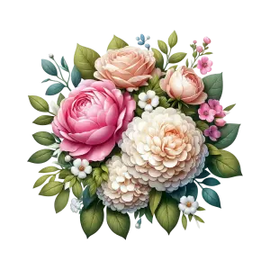 Bouquet of Pink and White Flowers with Green Leaves