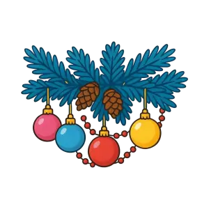 Christmas Pine Branch with Colorful Baubles and Pine Cones