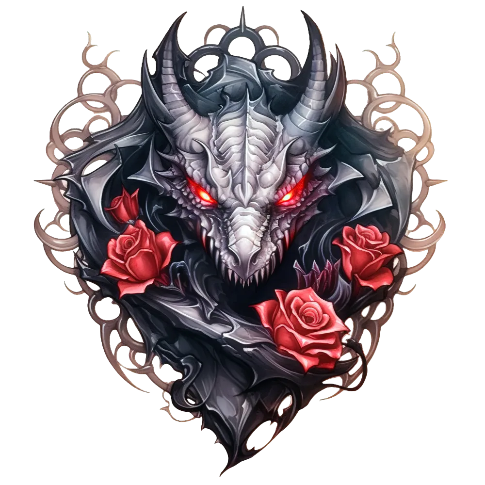 Dark Dragon Head with Red Roses and Glowing Eyes